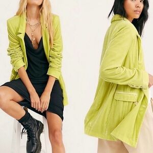 Free People Hit the Lights Lush Velour Blazer in Yellow Green.